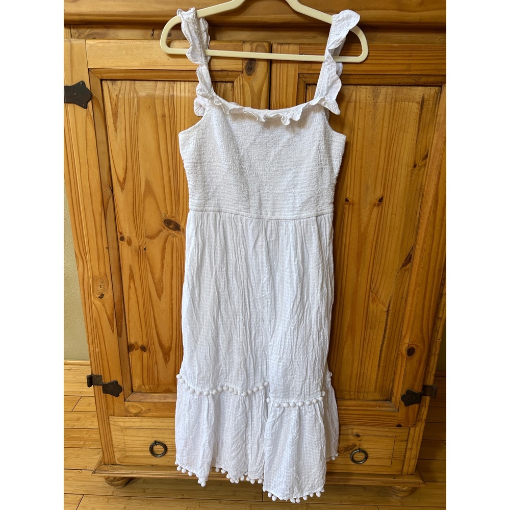 Crown & Ivy White Smocked Pom Pom Midi Dress Womens Large Ruffle Boho Cotton‎